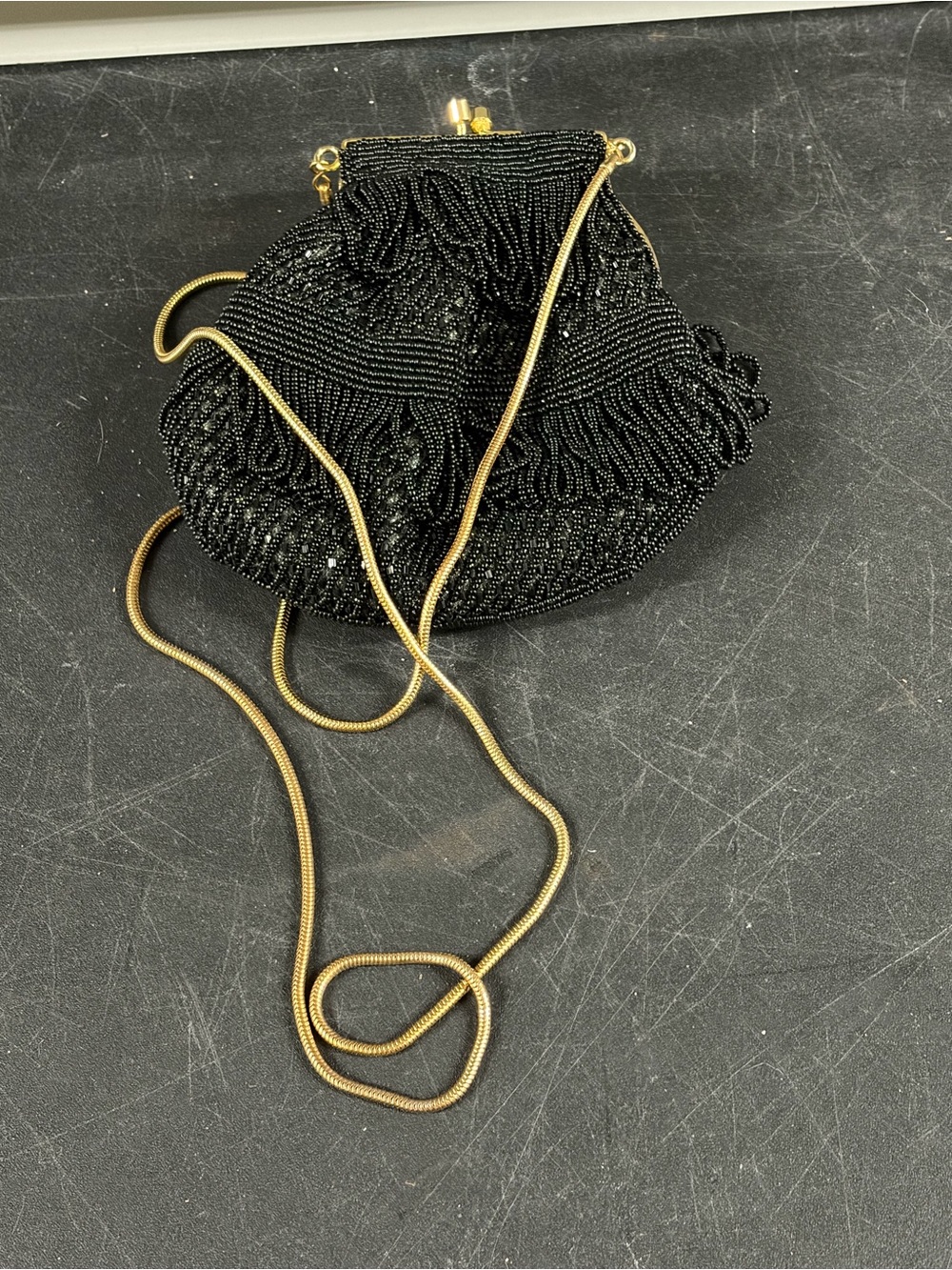 Vintage-Inspired Black Beaded Fringe Evening Bag with Gold Frame - Picture 4 of 4